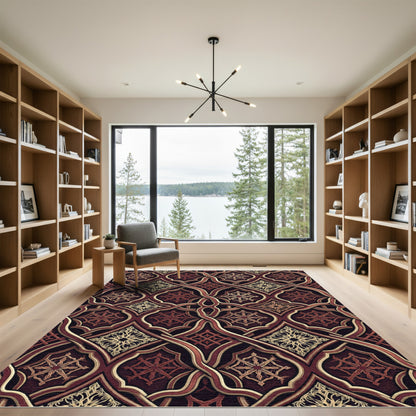 Ornate Burgundy Interwoven Lattice Scroll Rug