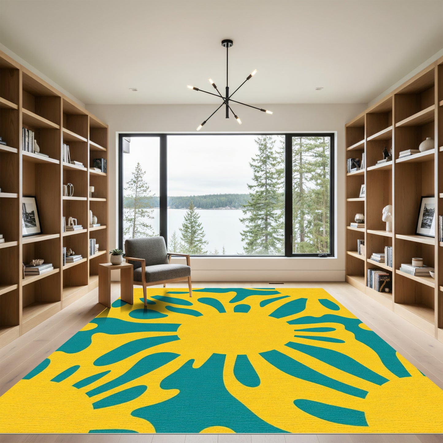 Sunny Yellow Teal Abstract Sunburst Rug