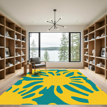 Sunny Yellow Teal Abstract Sunburst Rug