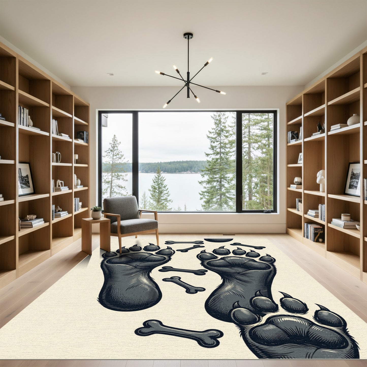 Monochromatic Bear Paw and Bone Illustration Rug