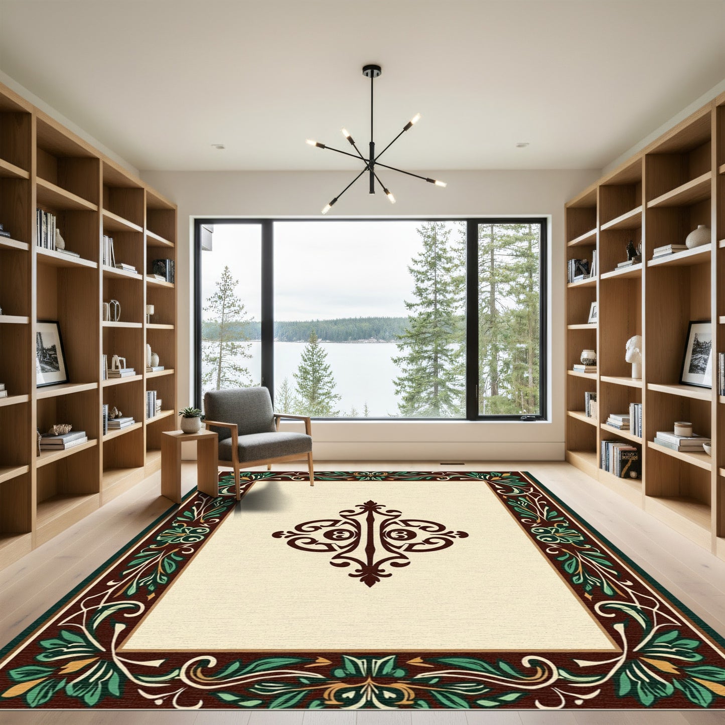 Ornate Brown Green Floral Medallion Frame Rug