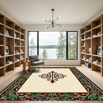Ornate Brown Green Floral Medallion Frame Rug