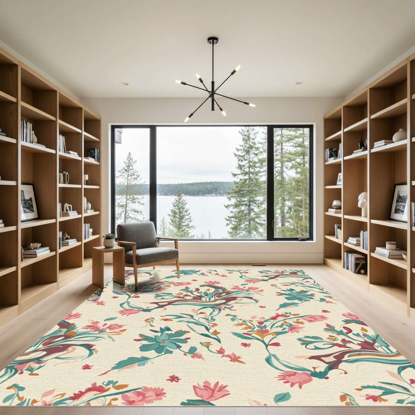 Crimson Teal Floral Swirl Motif Rug