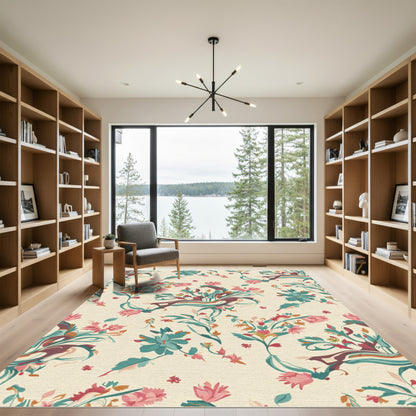 Crimson Teal Floral Swirl Motif Rug