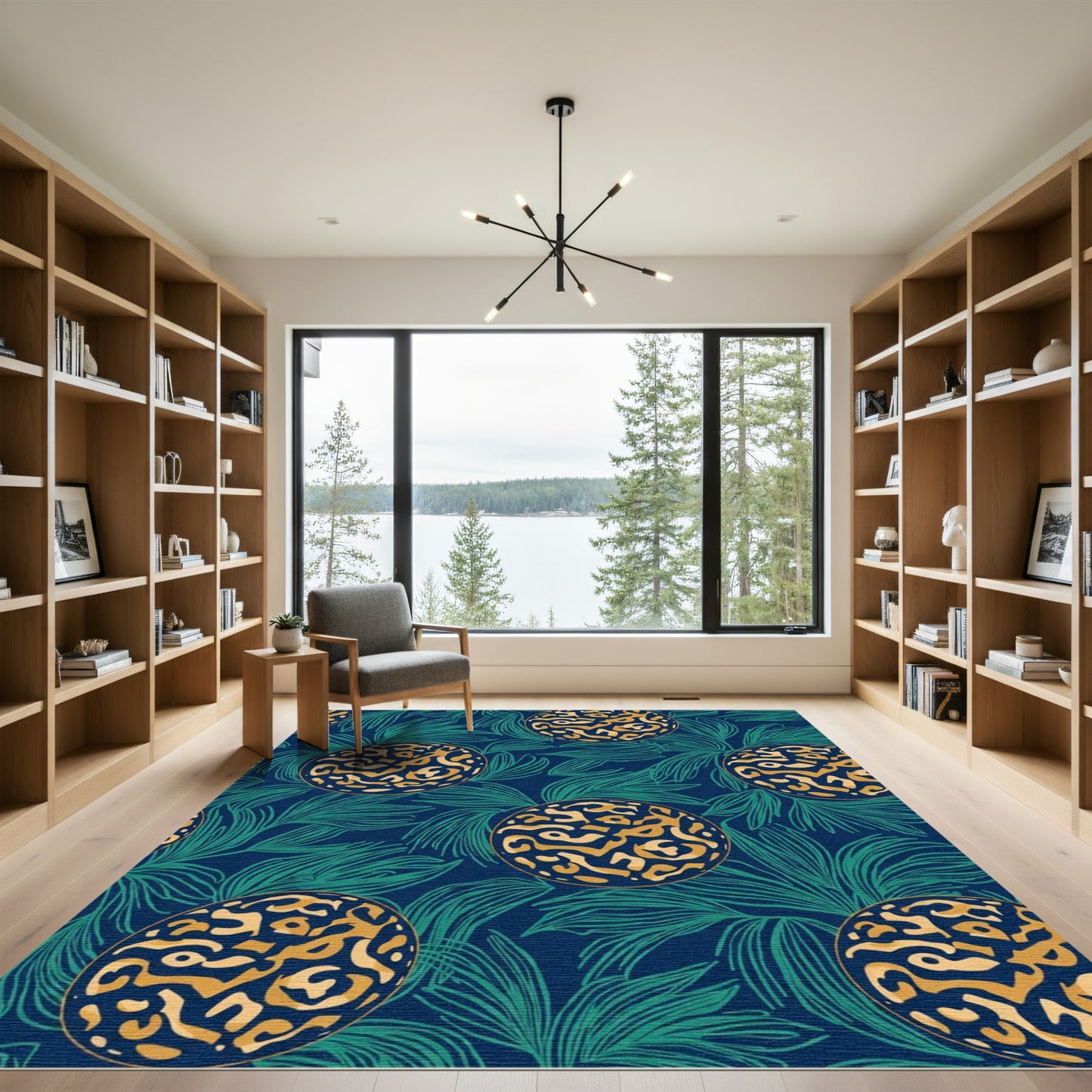Deep Blue Emerald Botanical Circle Rug