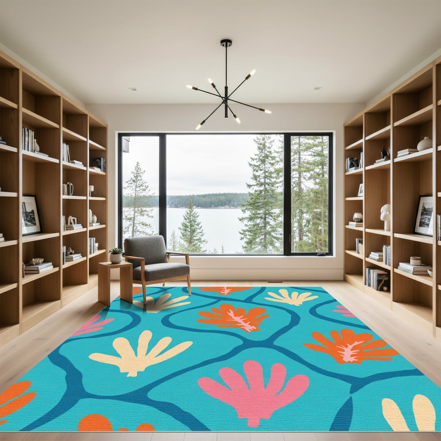 Bright Coral Leaf Medallion Rug
