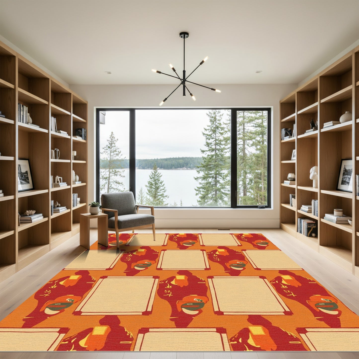 Red Ochre Abstract Figures with Panels Rug