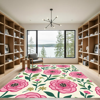 Lush Pink Peony Garden Cream Rug