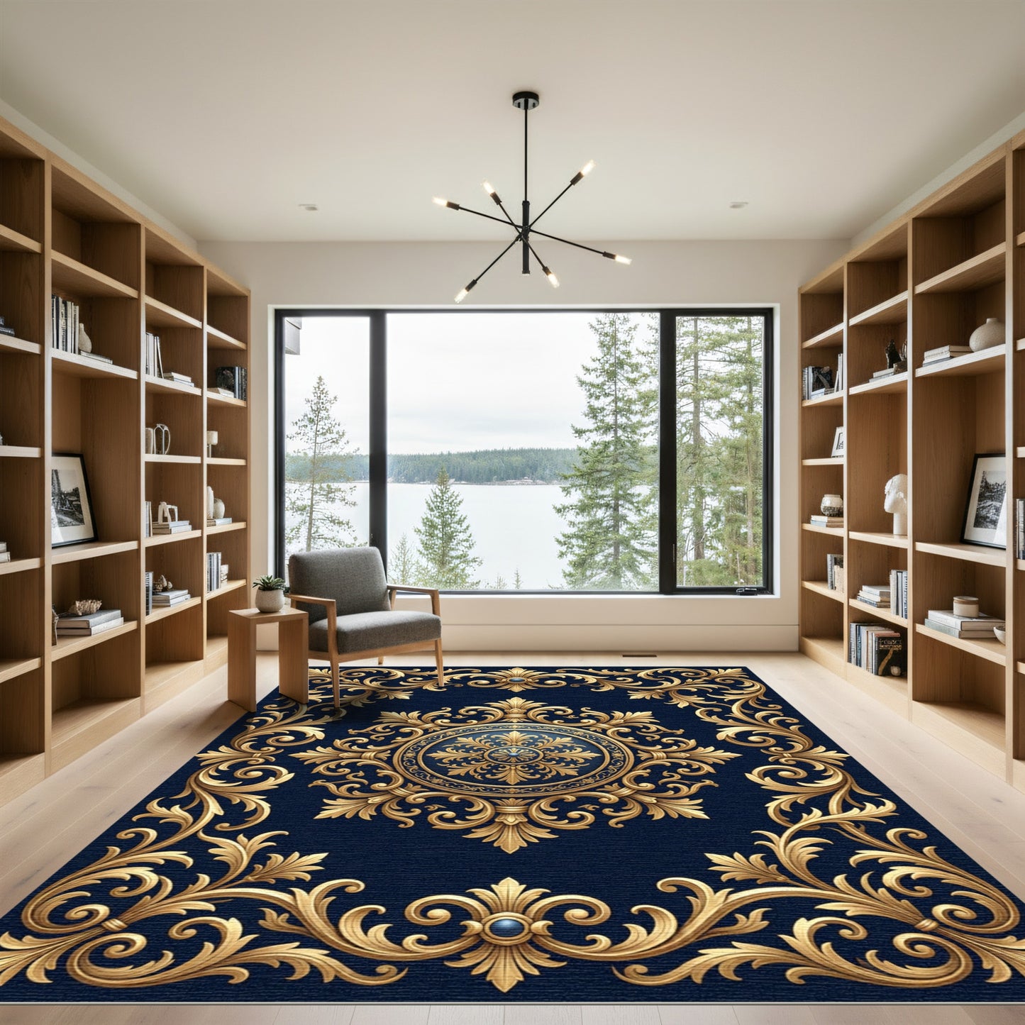 Elegant Gold Ornate Filigree Navy Medallion Rug