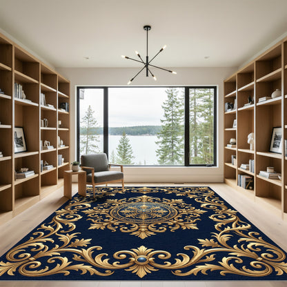 Elegant Gold Ornate Filigree Navy Medallion Rug