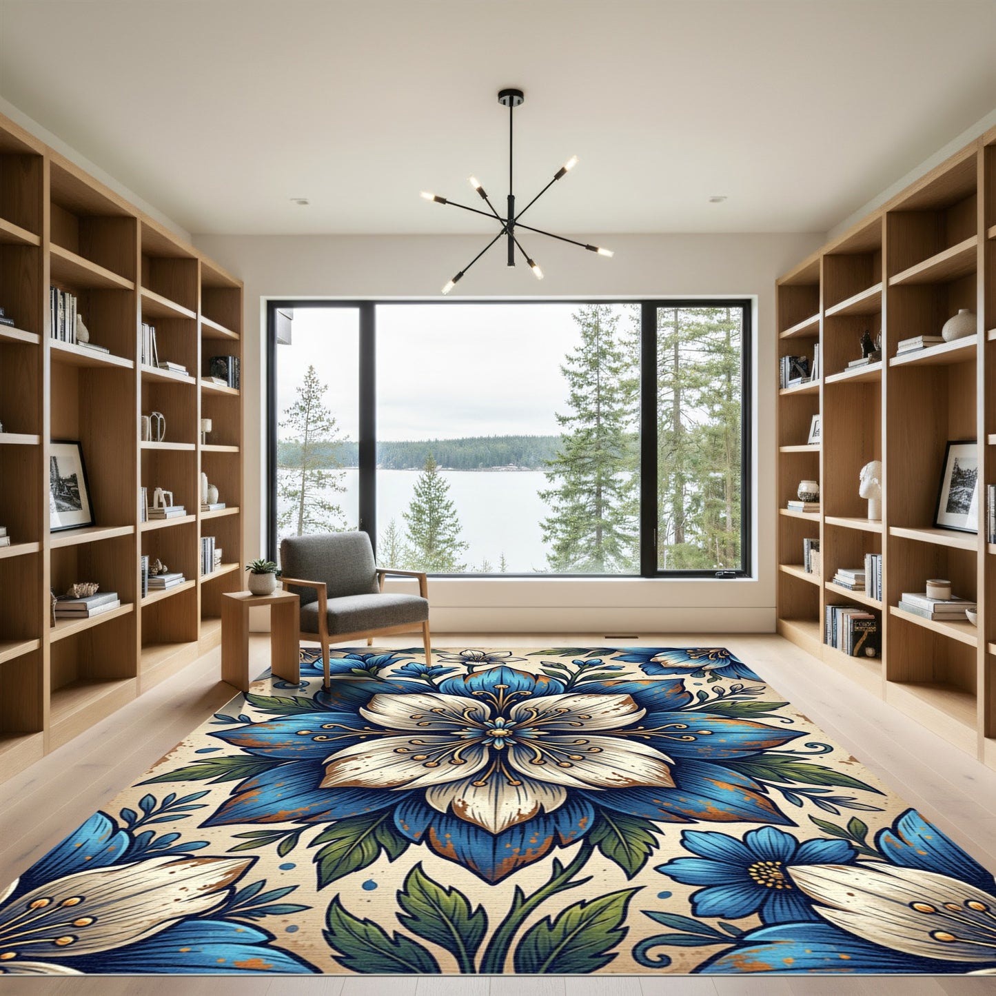 Blue White Antique Botanical Bloom Rug
