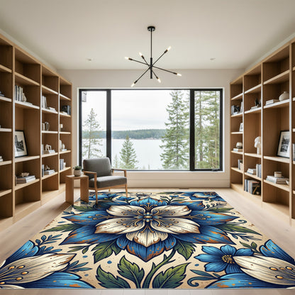 Blue White Antique Botanical Bloom Rug