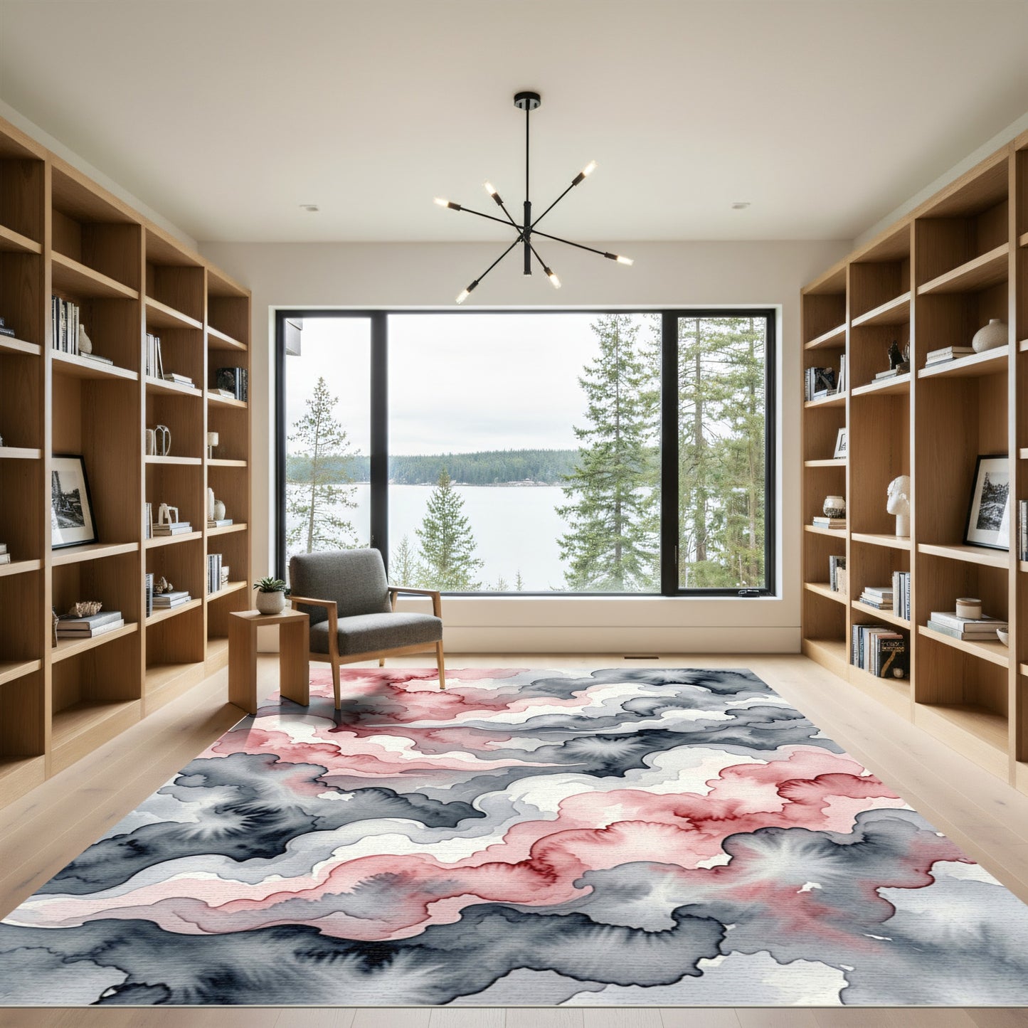 Watercolor Blush and Charcoal Cloud Abstract Rug