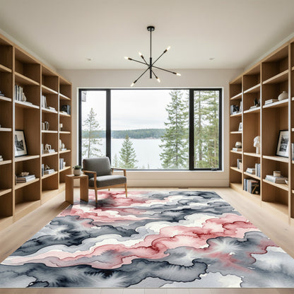 Watercolor Blush and Charcoal Cloud Abstract Rug