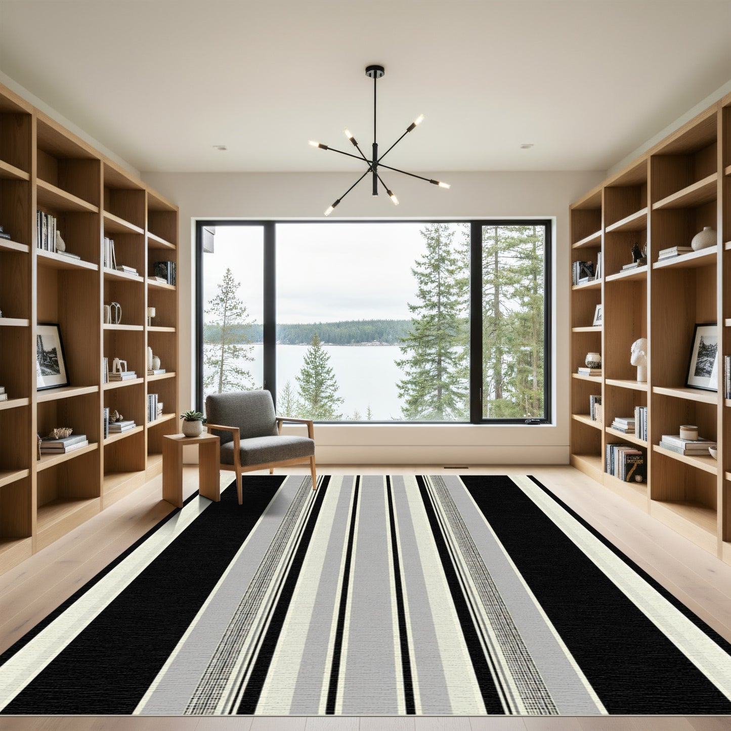 Black Gray White Striped Canvas Rug
