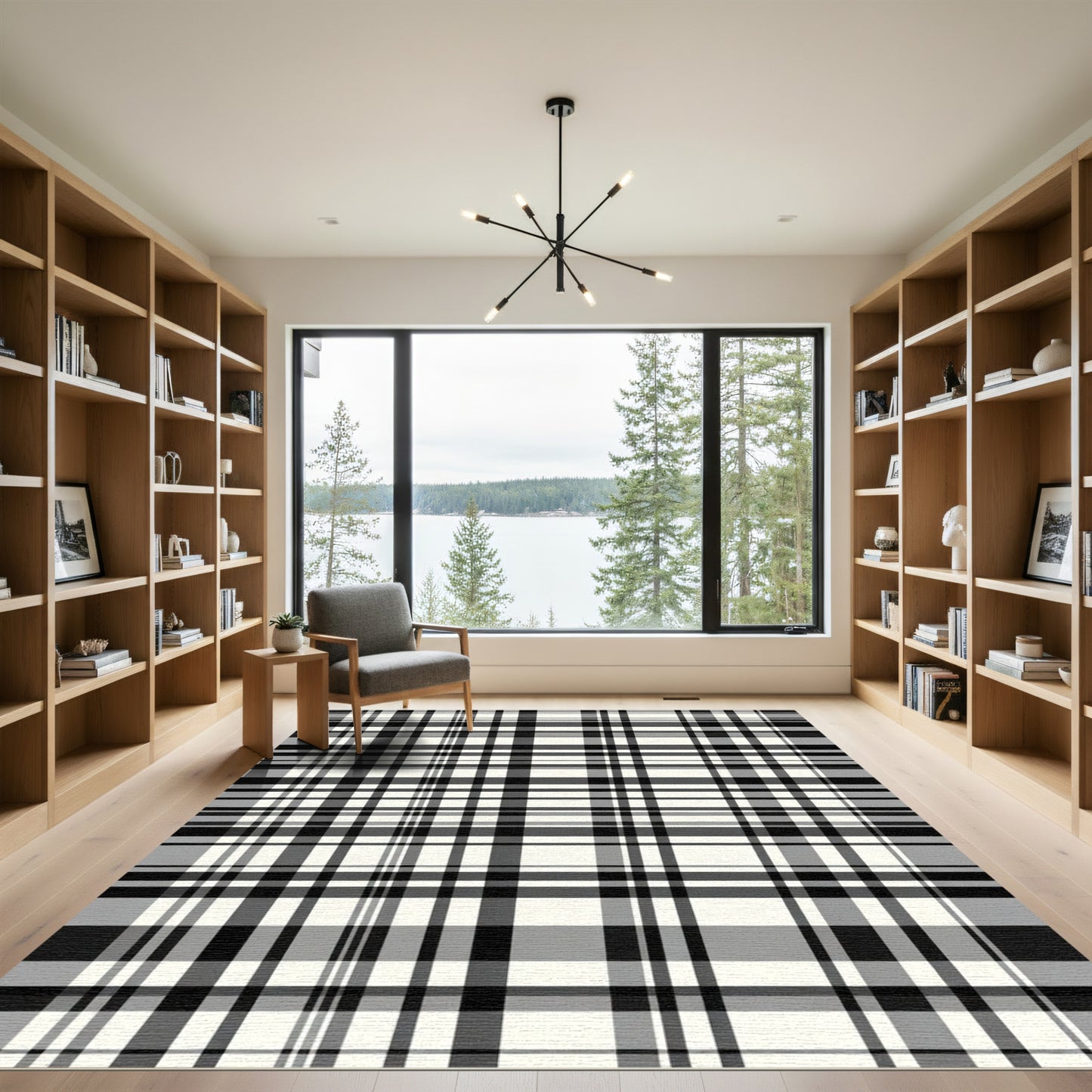 Classic Black White Plaid Lines Rug