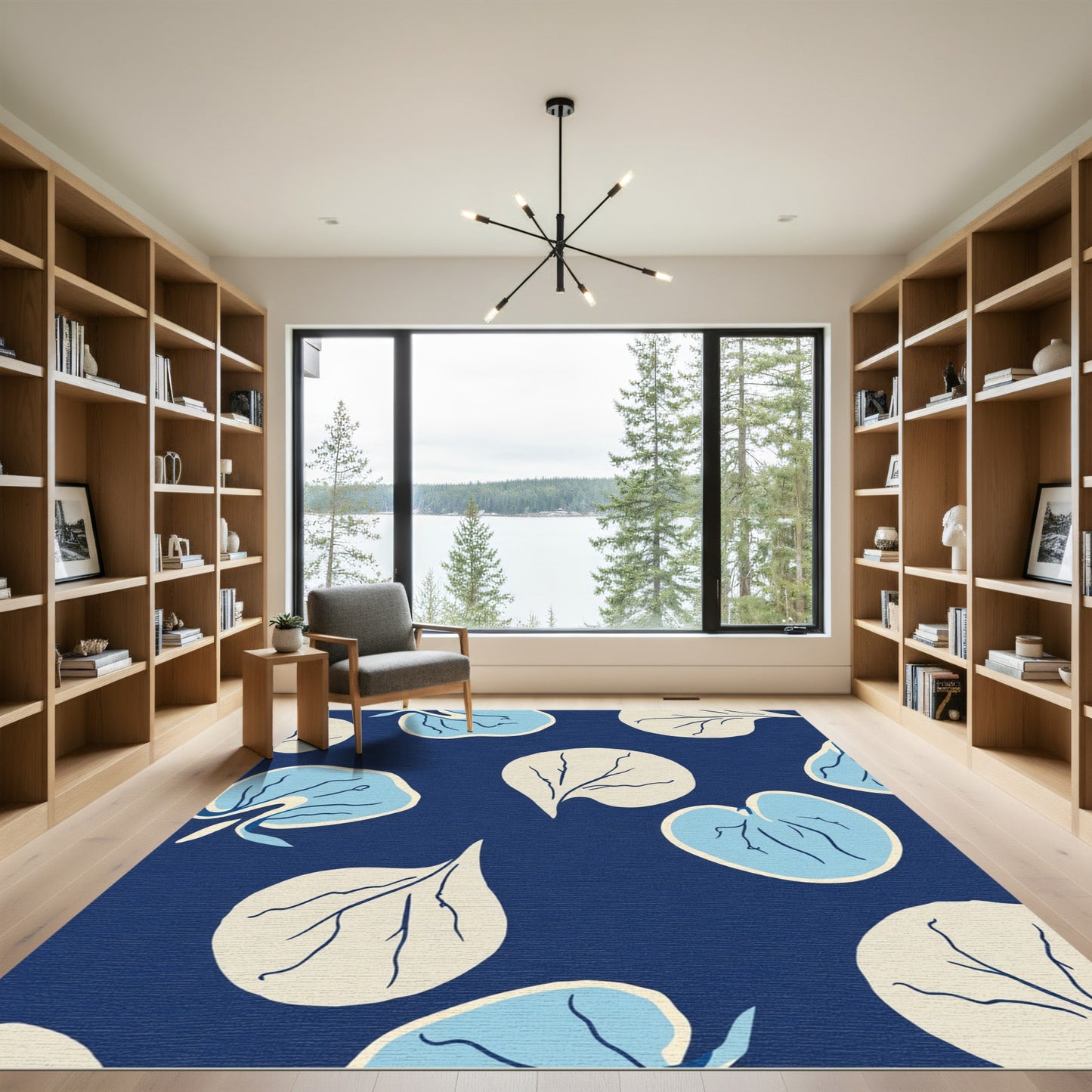 Navy Blue Pastel Leaf Cluster Rug