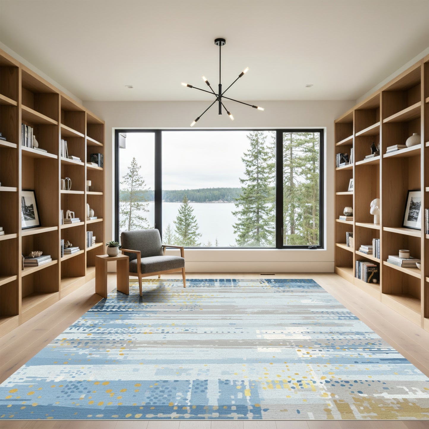 Distressed Blue Gold Abstract Stripes Rug