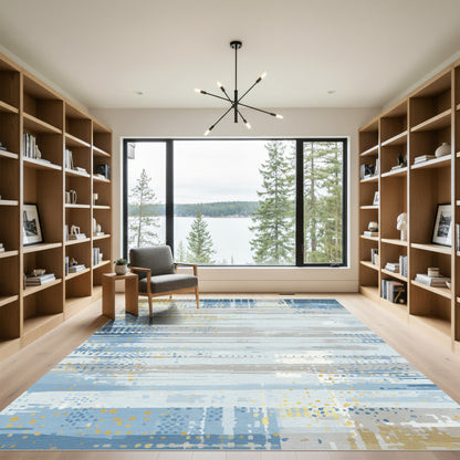 Distressed Blue Gold Abstract Stripes Rug