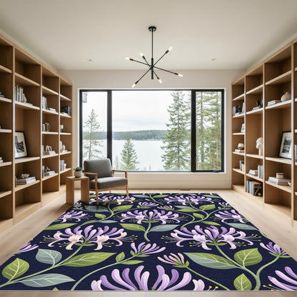 Elegant Navy Honeysuckle Botanical Illustration Rug