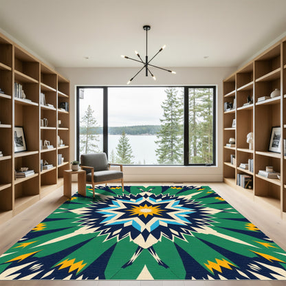 Bold Geometric Starburst Green Cream Rug