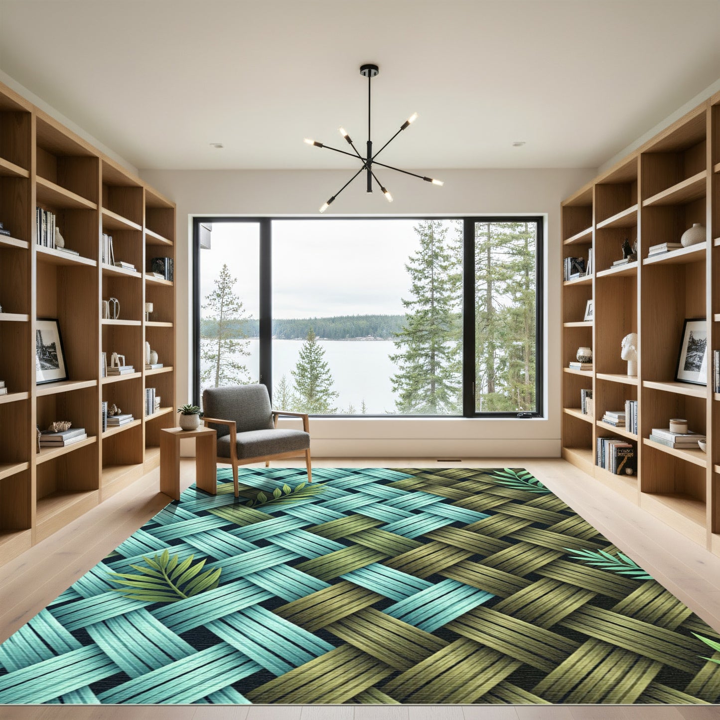 Woven Teal Olive Leaf Pattern Rug