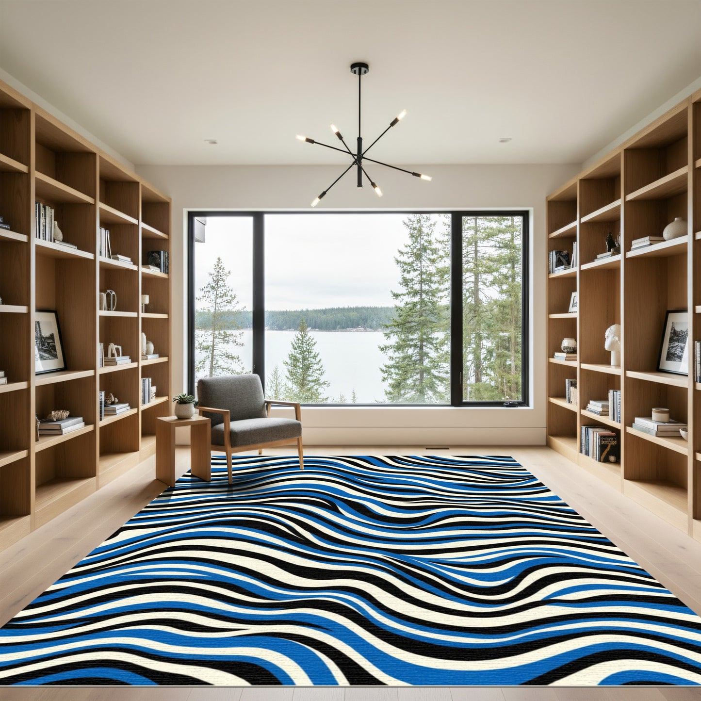 Blue Black Cream Wavy Stripes Rug