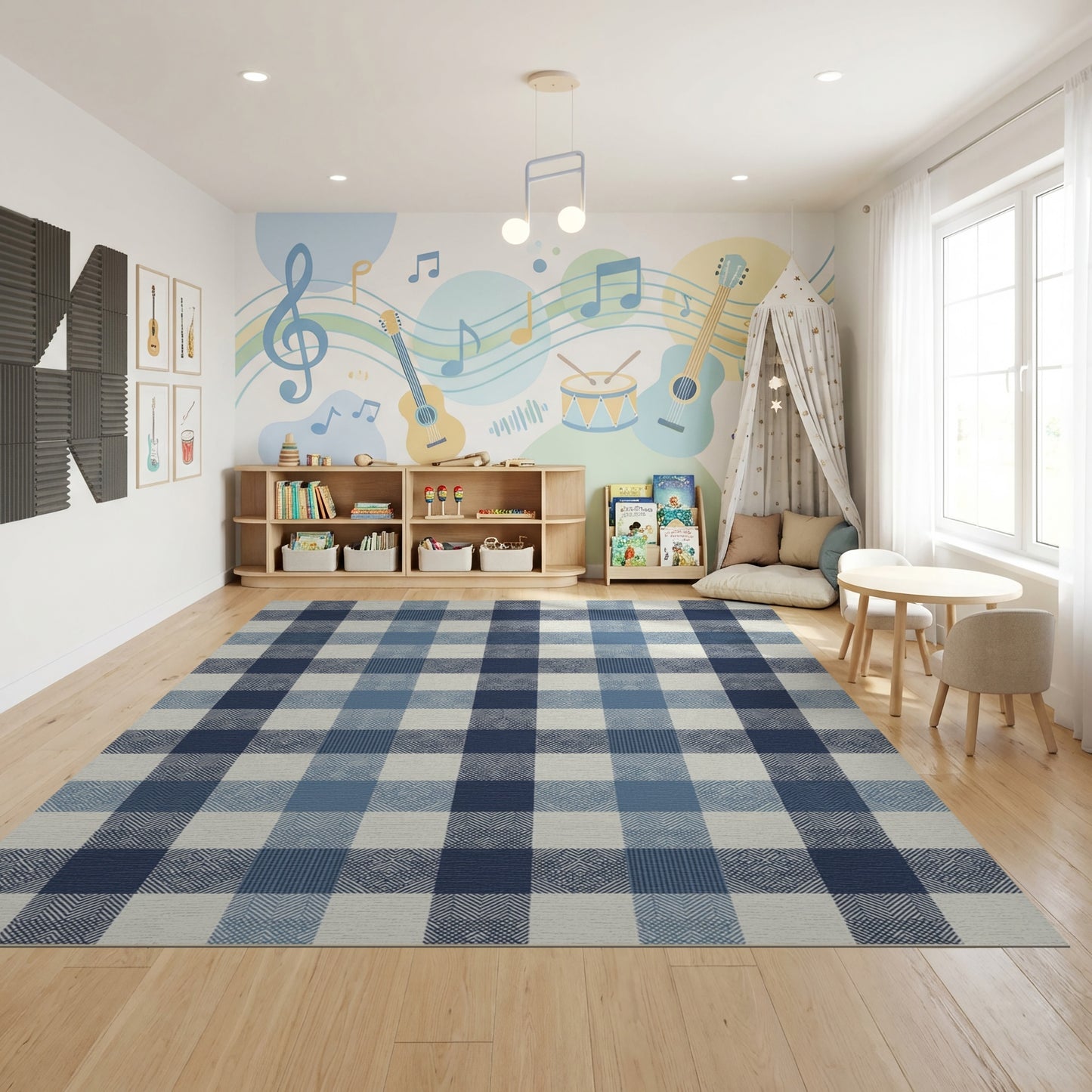 Navy Blue White Plaid Rug