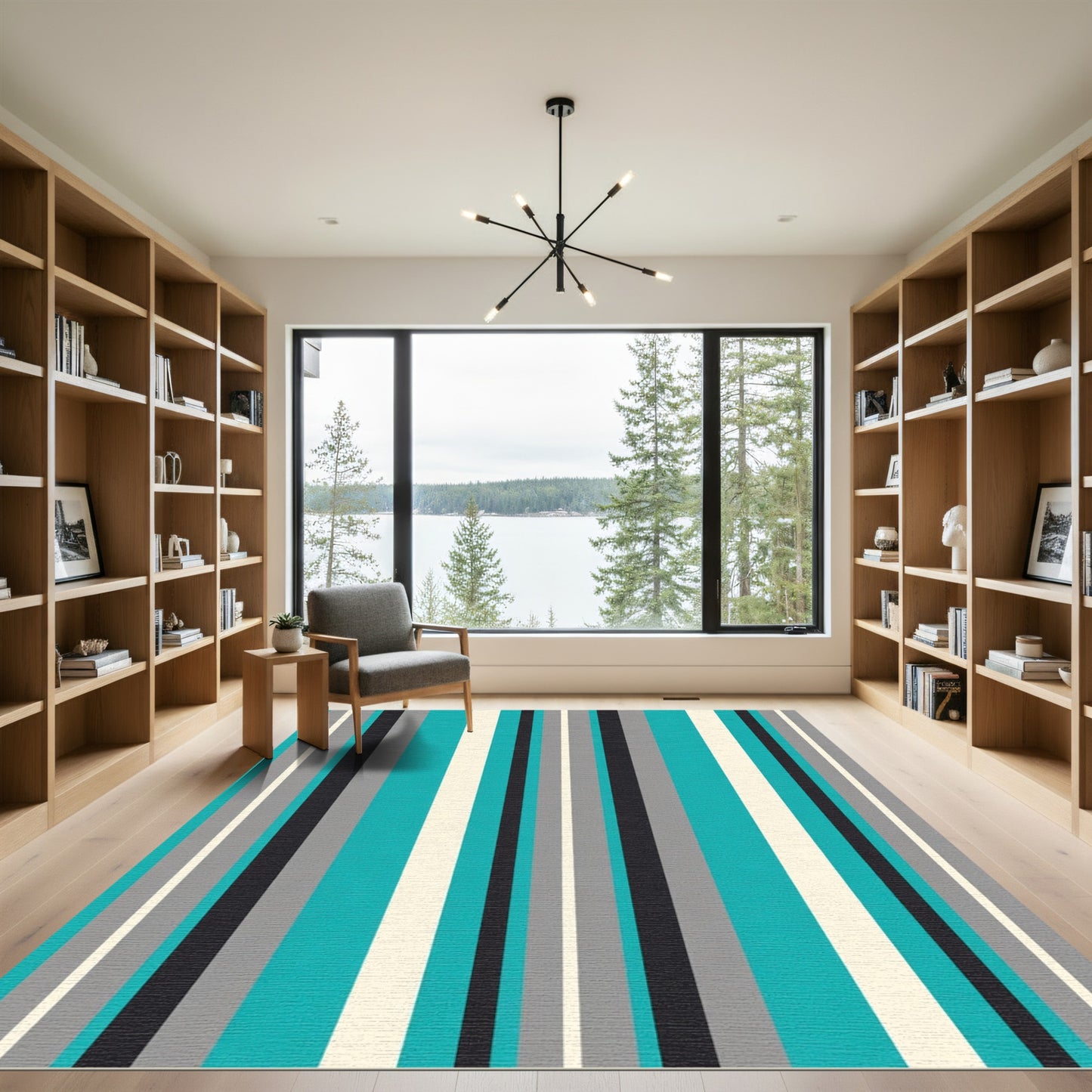 Modern Teal Gray Striped Composition Rug