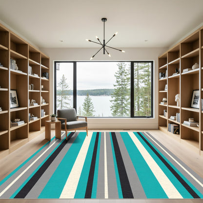 Modern Teal Gray Striped Composition Rug