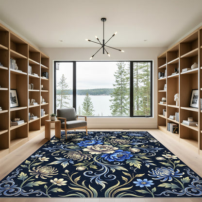 Rich Blue Floral Chinoiserie Foliage Rug