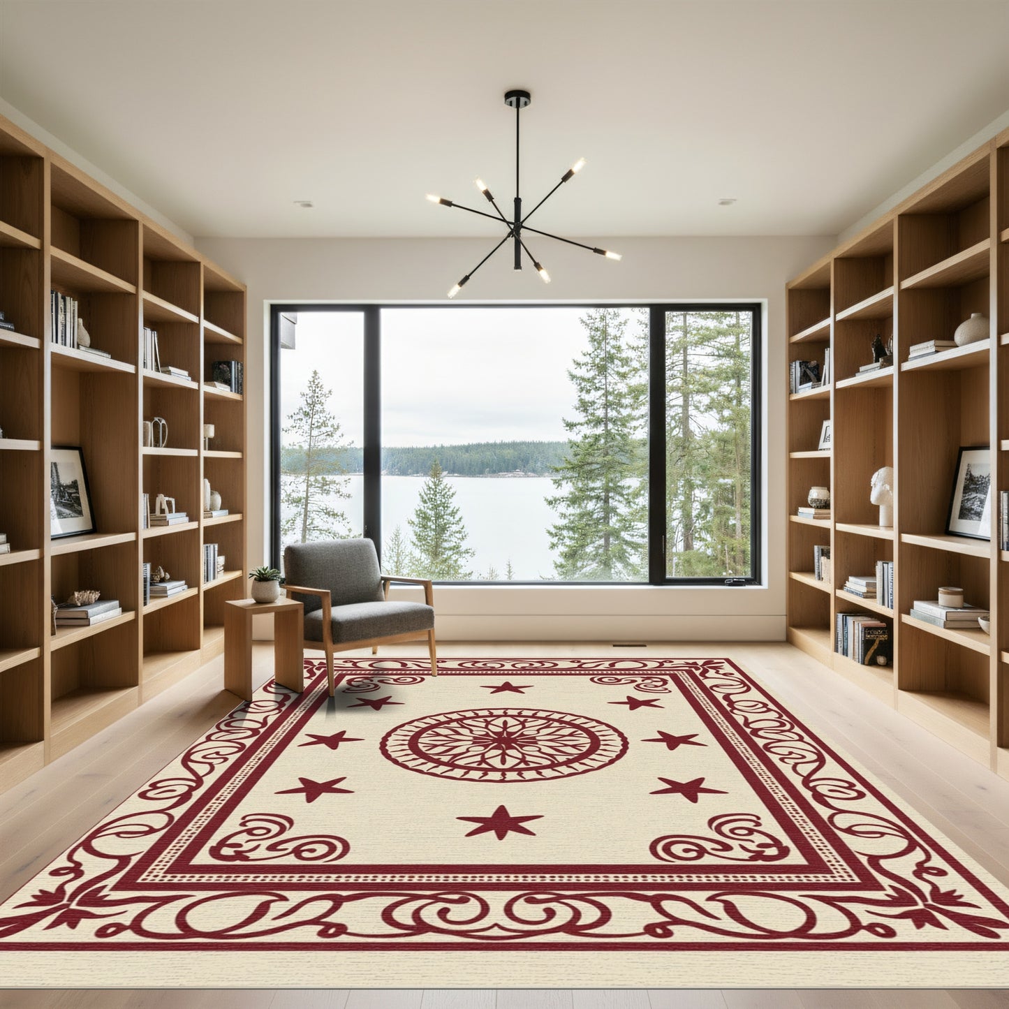 Deep Red Star Medallion Bordered Rug