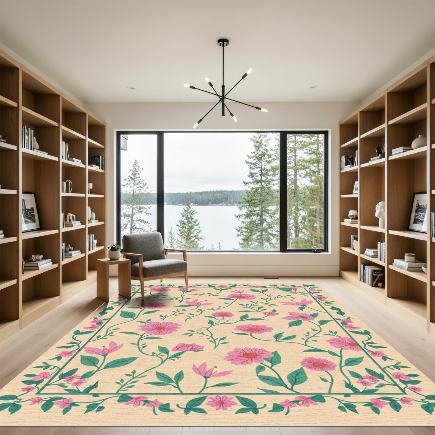 Pink Floral Vine Border Rug