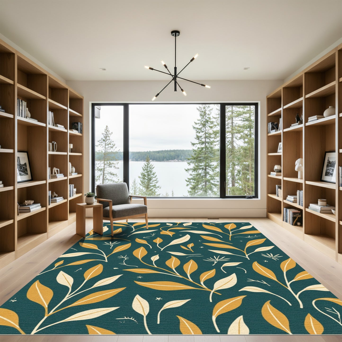 Golden Leaf Vine on Teal background Rug