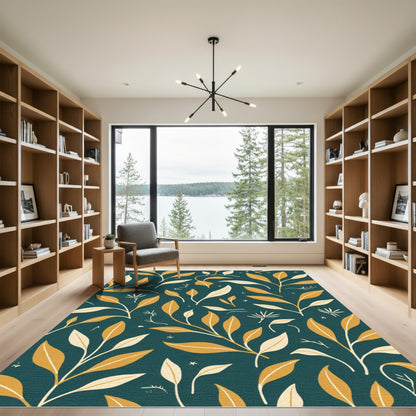 Golden Leaf Vine on Teal background Rug