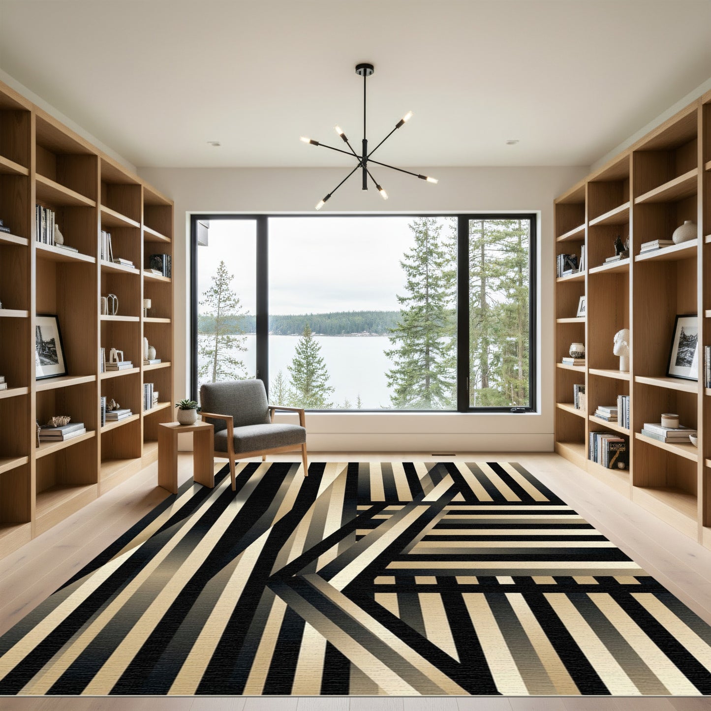 Sophisticated Gold and Black Linear Geometric Rug