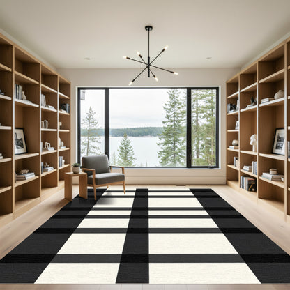 Bold Black Ivory Plaid Squares Rug