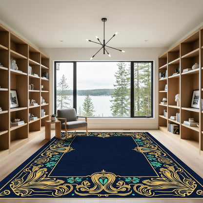 Golden Teal Floral Victorian Frame Rug