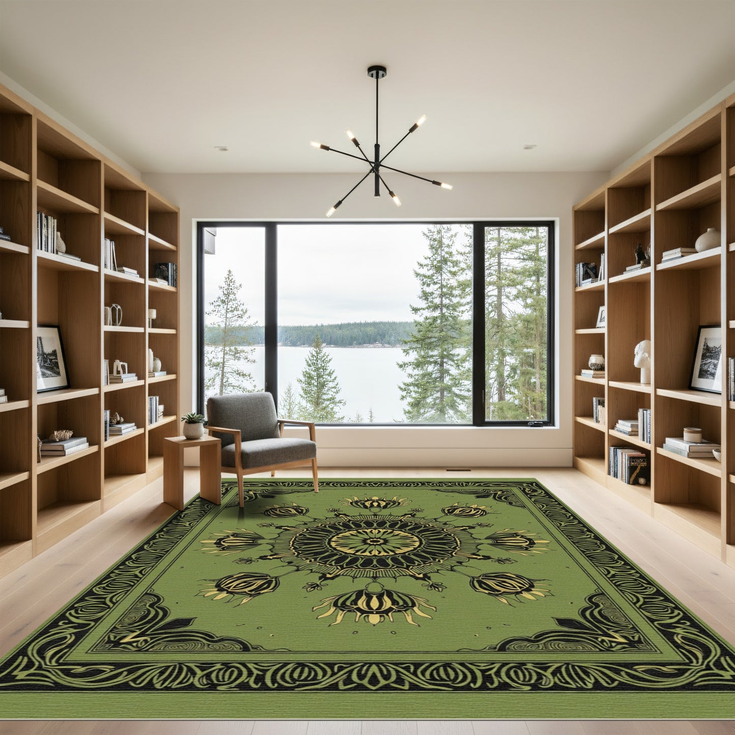Olive Green Floral Medallion Border Rug
