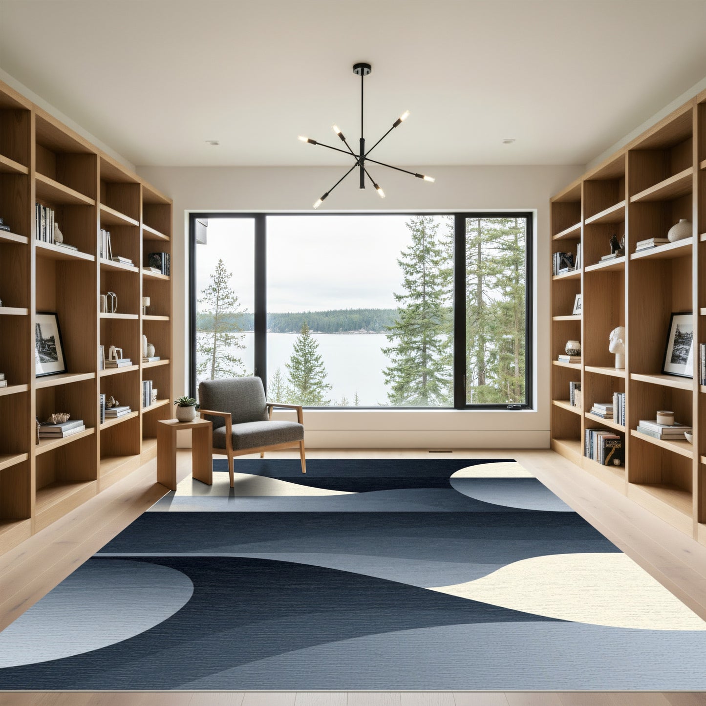 Modern Dark Blue Abstract Wave Rug