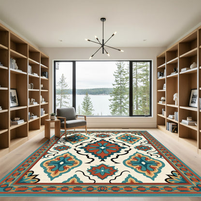 Ceramic Teal Orange Floral Medallion Rug