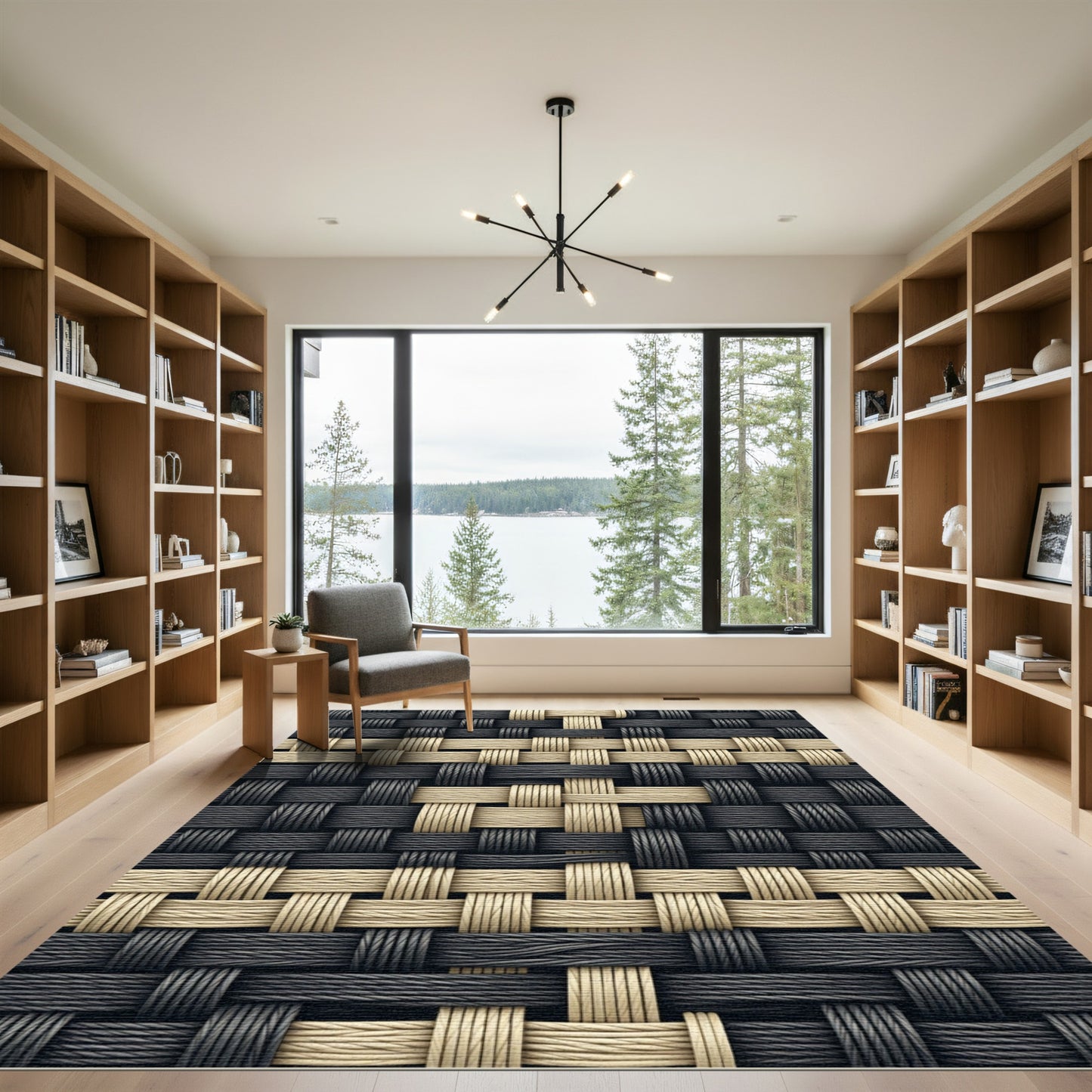 Modern Woven Cream and Charcoal Grid Rug