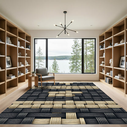 Modern Woven Cream and Charcoal Grid Rug