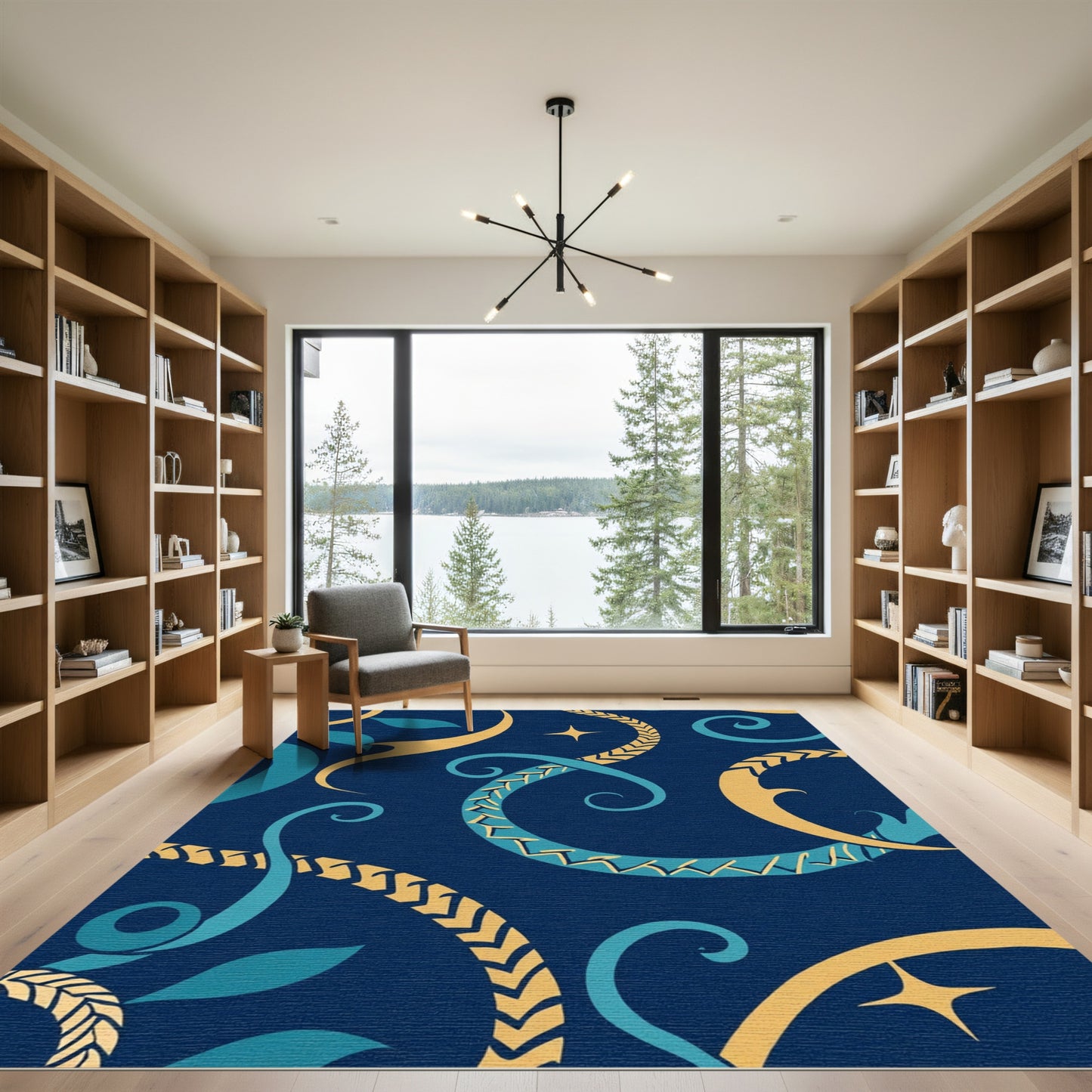 Midnight Blue Golden Swirls Rug