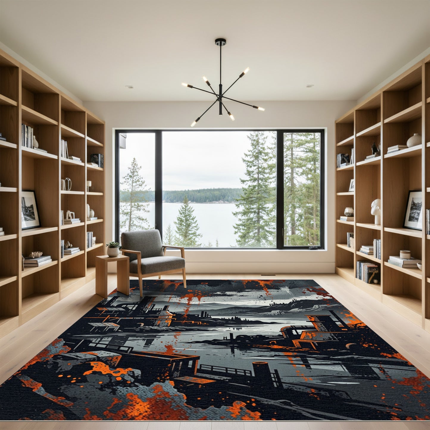 Industrial Grunge Abstract Charcoal and Orange Landscape Rug