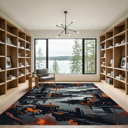 Industrial Grunge Abstract Charcoal and Orange Landscape Rug