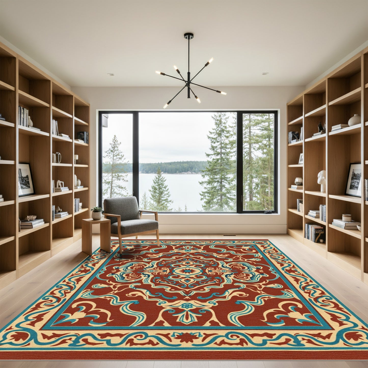 Terracotta Blue Cream Medallion Border Rug