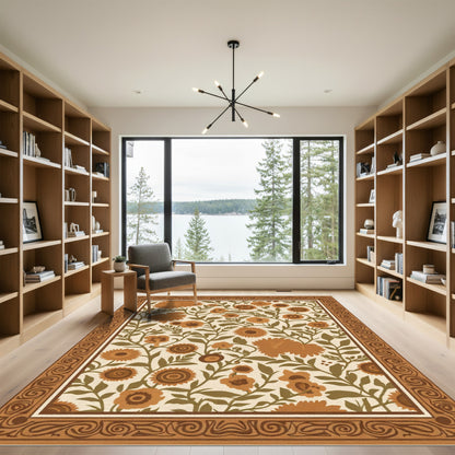 Earthy Brown Floral Vine Border Rug