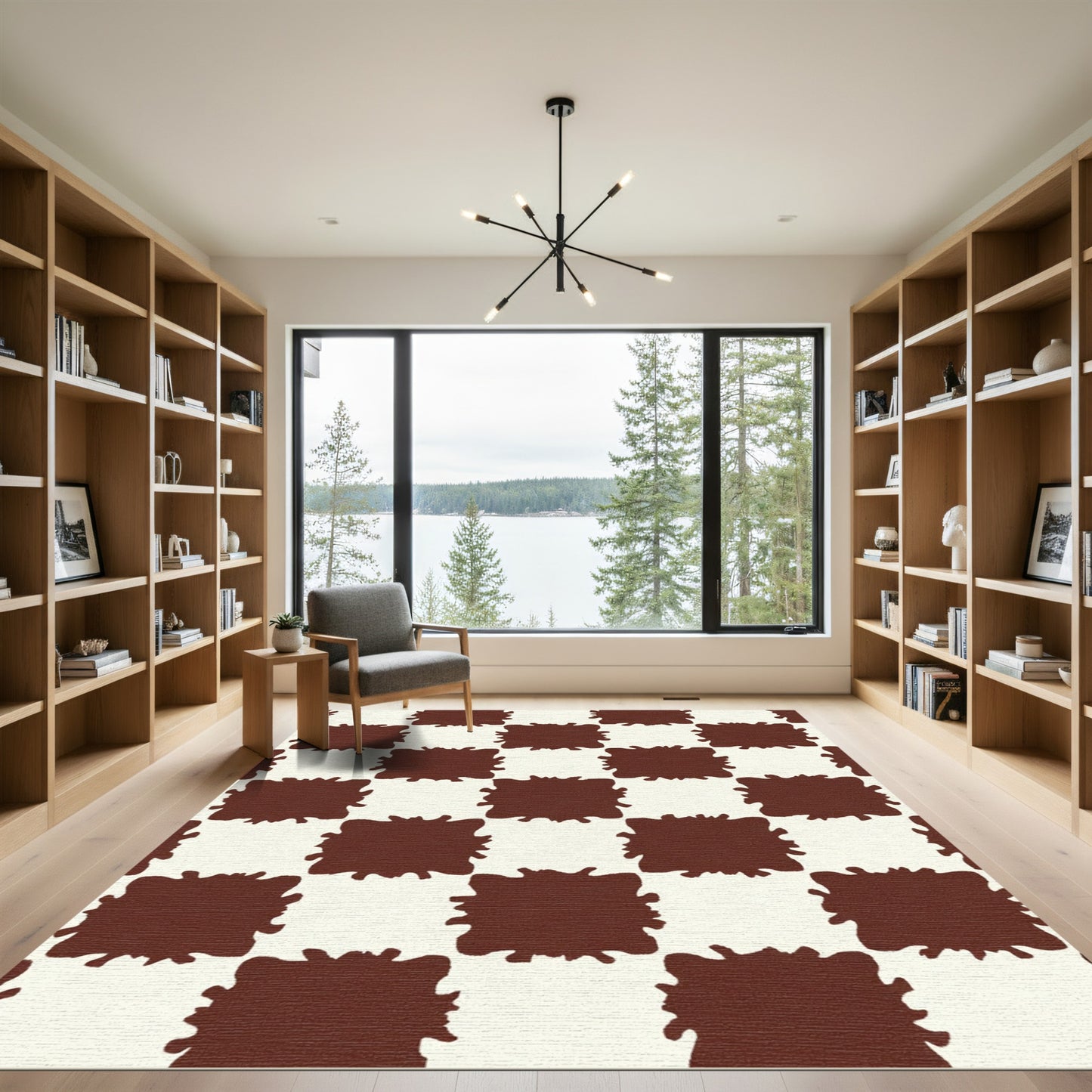 Brown Cream Splatter Checkered Rug