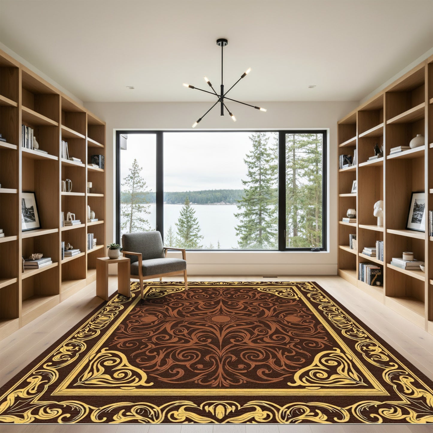 Rich Brown Gold Filigree Border Rug
